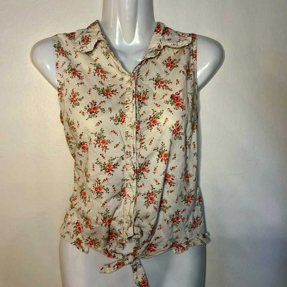 Ralph Lauren Sleeveless button down tie floral spring Blouse beige - Picture 1 of 5